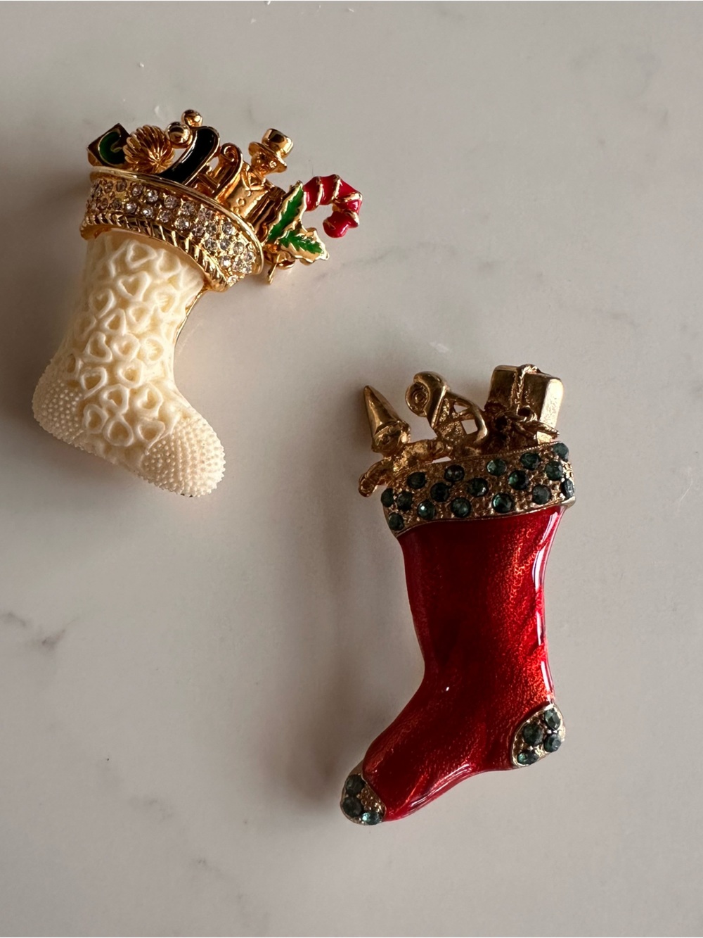 Festive Red and Ivory Holiday Stocking Brooch Set